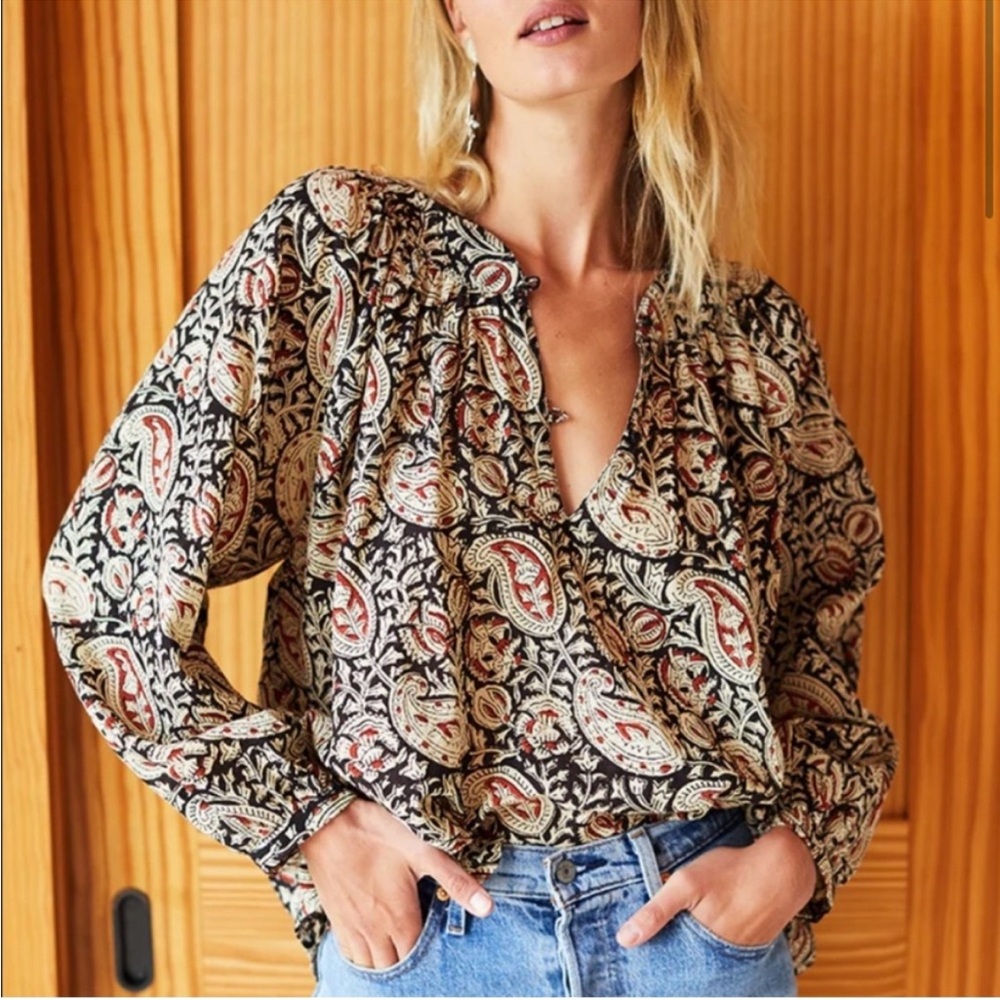 Emerson Fry Olympia Blouse, paisley print, black, cream, clay, Size XS